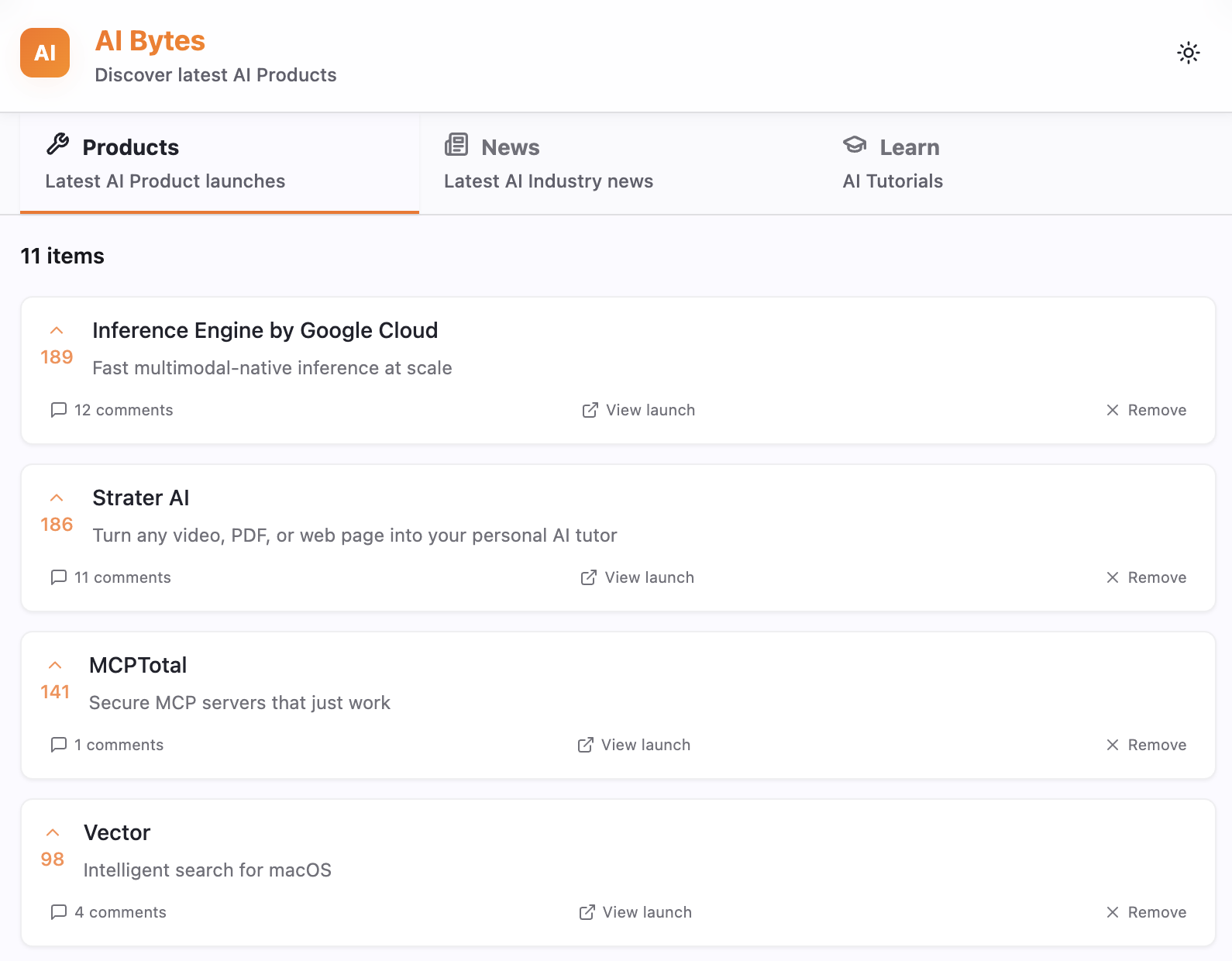 AI Bytes Chrome Extension showing curated AI content feed